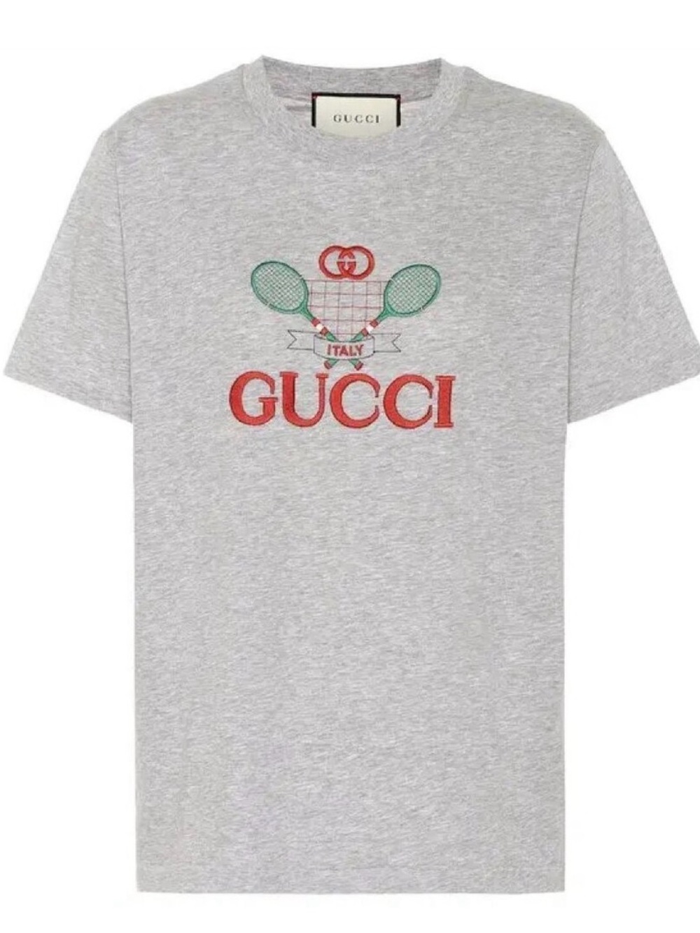 Gucci Heather Gray Tee with Red Logo and Green Tennis Graphic